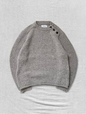 Zara Taupe Grey Chunky Knit Crewneck Button Sweater, Girls’ 11-12 (152)